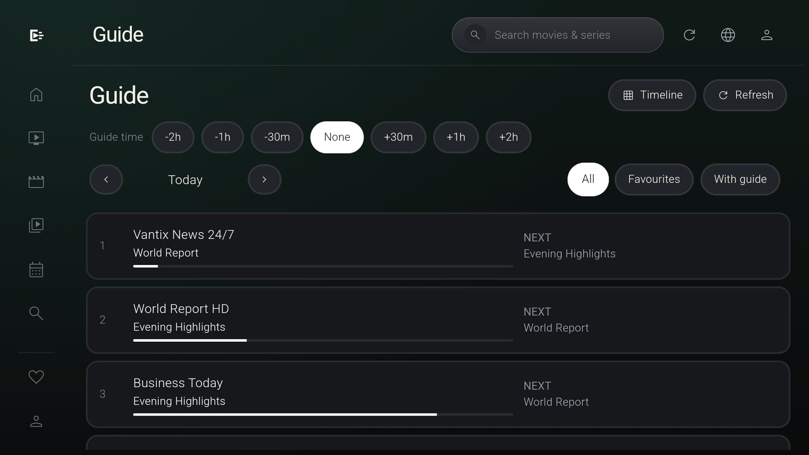 Vantix TV Guide: now and next for each channel with progress bars