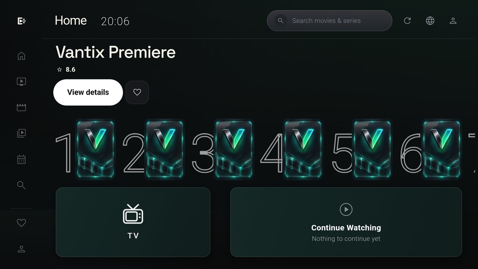 Vantix on a TV: the Home screen with a featured film and a Top 10 row