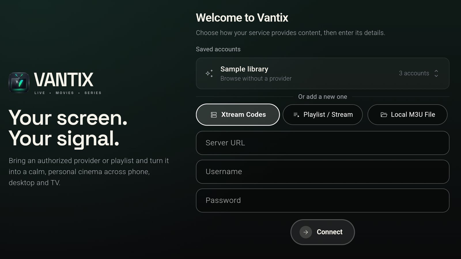 Vantix manual setup: Xtream Codes, Playlist / Stream and Local M3U File tabs with server, username and password fields