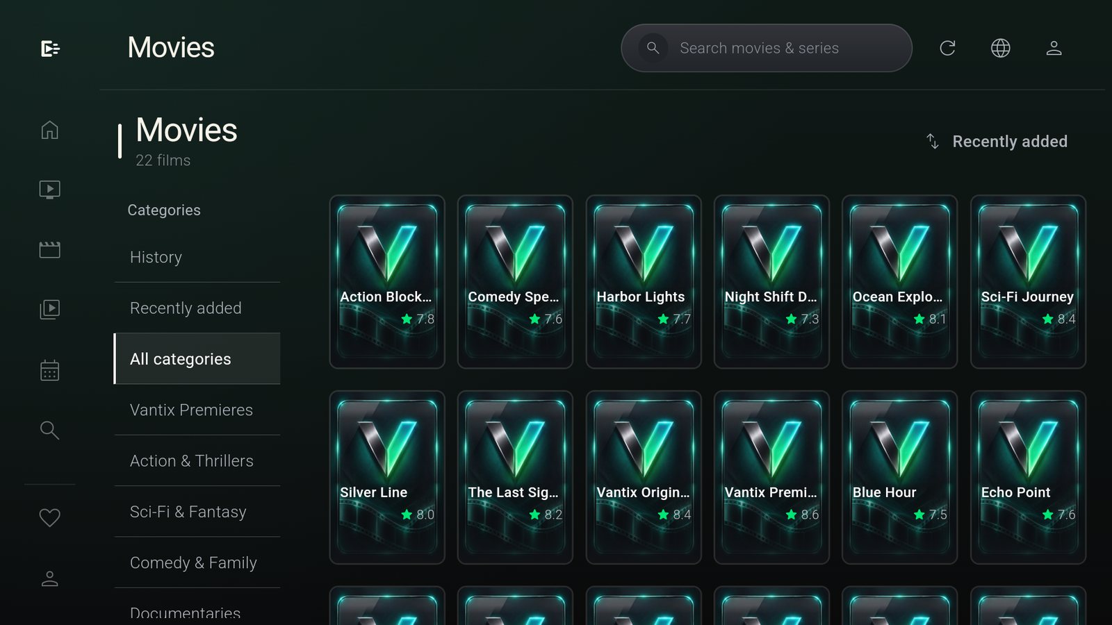 Vantix Movies: a poster grid with categories, History and Recently added